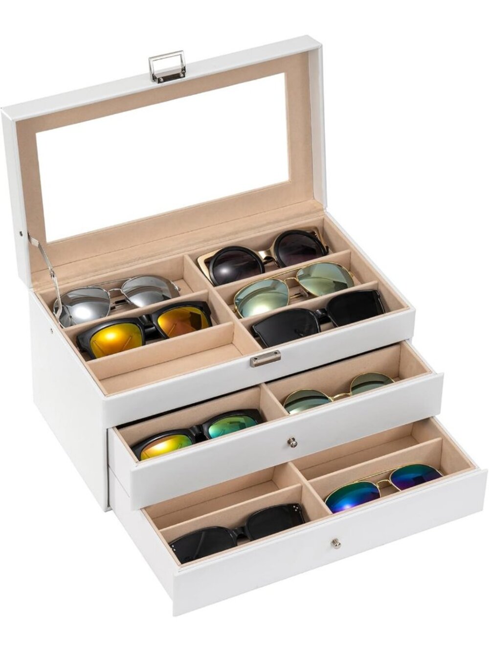 3-Layer Sunglasses Storage Organizer Case - Stylish White Display & Protection